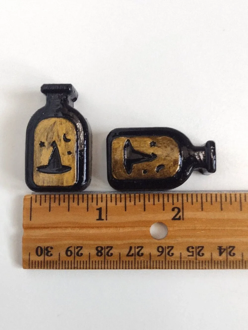 2 Black & Gold Gothic Halloween Apothecary Bottles, Witch Hat & Moon, Flat-back